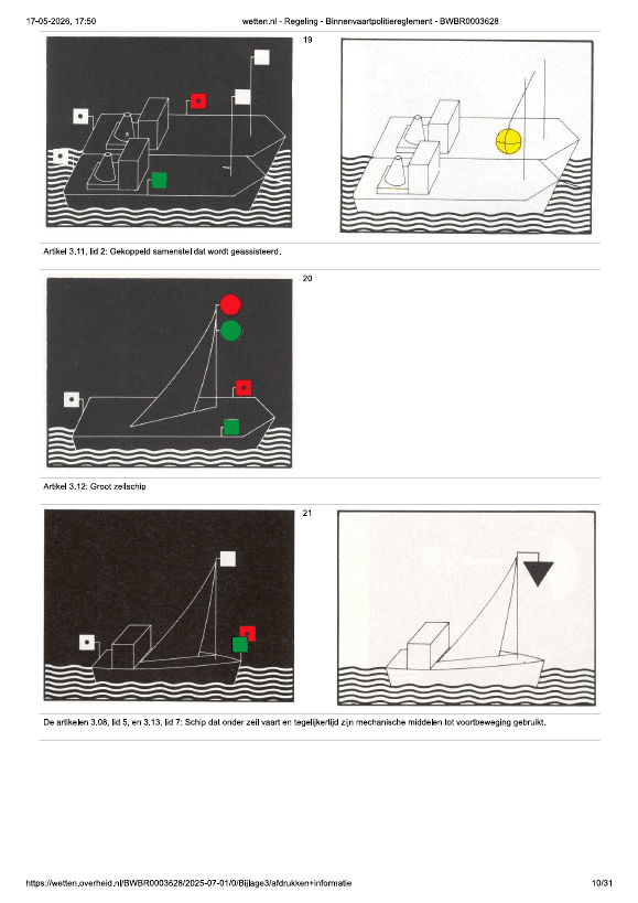 Scheepslicht: Artikel 3.11 lid 2 – Gekoppeld samenstel in bedrijf; Artikel 3.12 – Groot zeilschip; Artikel 3.13 – Spierkracht